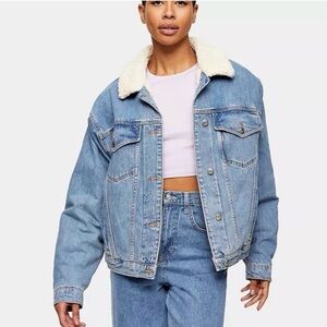 NEW Topshop Oversized Blue Denim Sherpa Jacket with Cream Collar